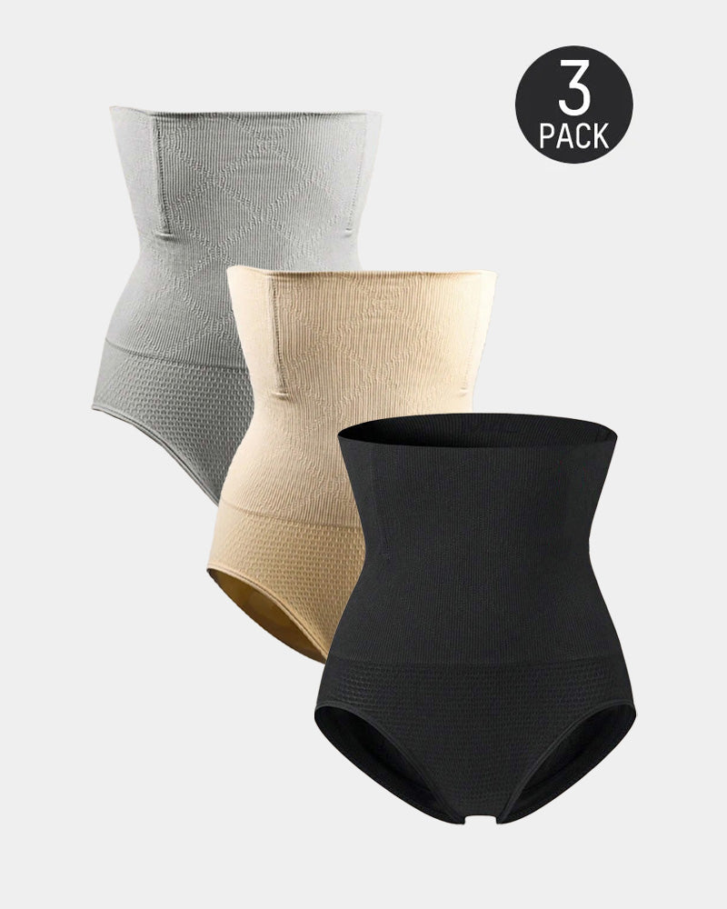 Bellvian 3 pack grey nude and black high waist seamless shapewear briefs featuring tummy control compression, butt lifting support and invisible waist sculpting designed for smooth slimming under dresses, jeans and everyday outfits, ideal for UK women searching for multipack shaping underwear