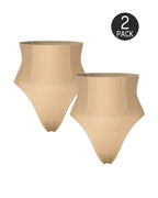 Bellvian beige 2 pack seamless tummy control thong shapewear with high waist slimming compression and invisible body smoothing support, designed for flat tummy shaping and contour sculpting under dresses in the UK