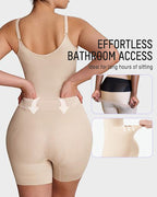 Bellvian beige bathroom access shapewear bodysuit with seamless tummy control and waist slimming compression support, designed for postpartum shaping, all day comfort, butt lifting and invisible sculpting under dresses for women in the UK