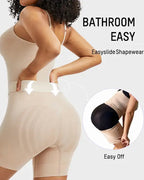 Bellvian beige full body shapewear with bathroom easy access design, tummy control compression and butt lifting sculpt support, designed for postpartum body shaping, waist slimming, stomach flattening and seamless contour smoothing under dresses for women in the UK