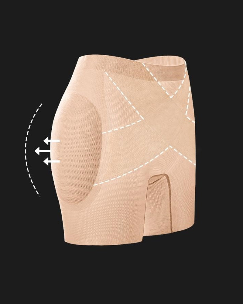 Bellvian beige booty enhancing body shaper shorts with tummy control compression and sculpting peach hip support, designed for butt lifting, waist slimming and invisible contour shaping under dresses in the UK