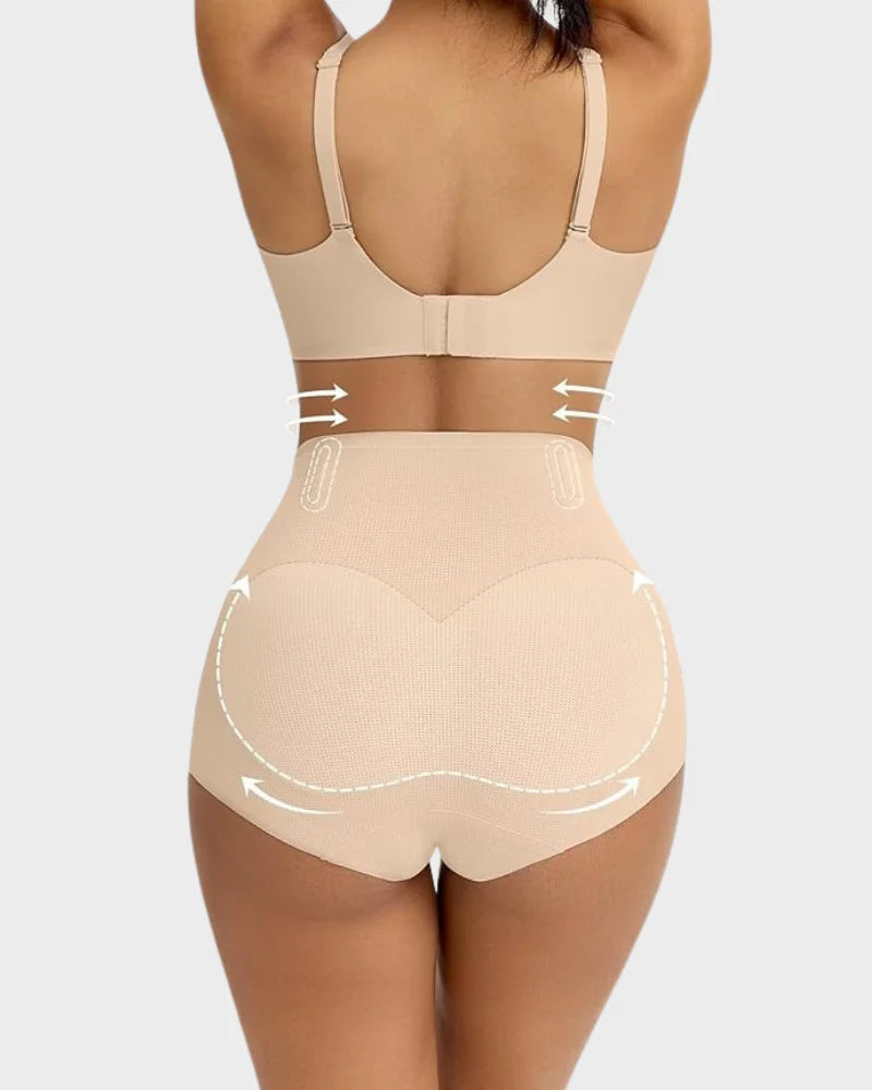 Bellvian beige butt lifting shapewear briefs with seamless tummy compression and sculpting contour support, designed for booty enhancement, waist slimming and invisible body shaping under tight dresses in the UK