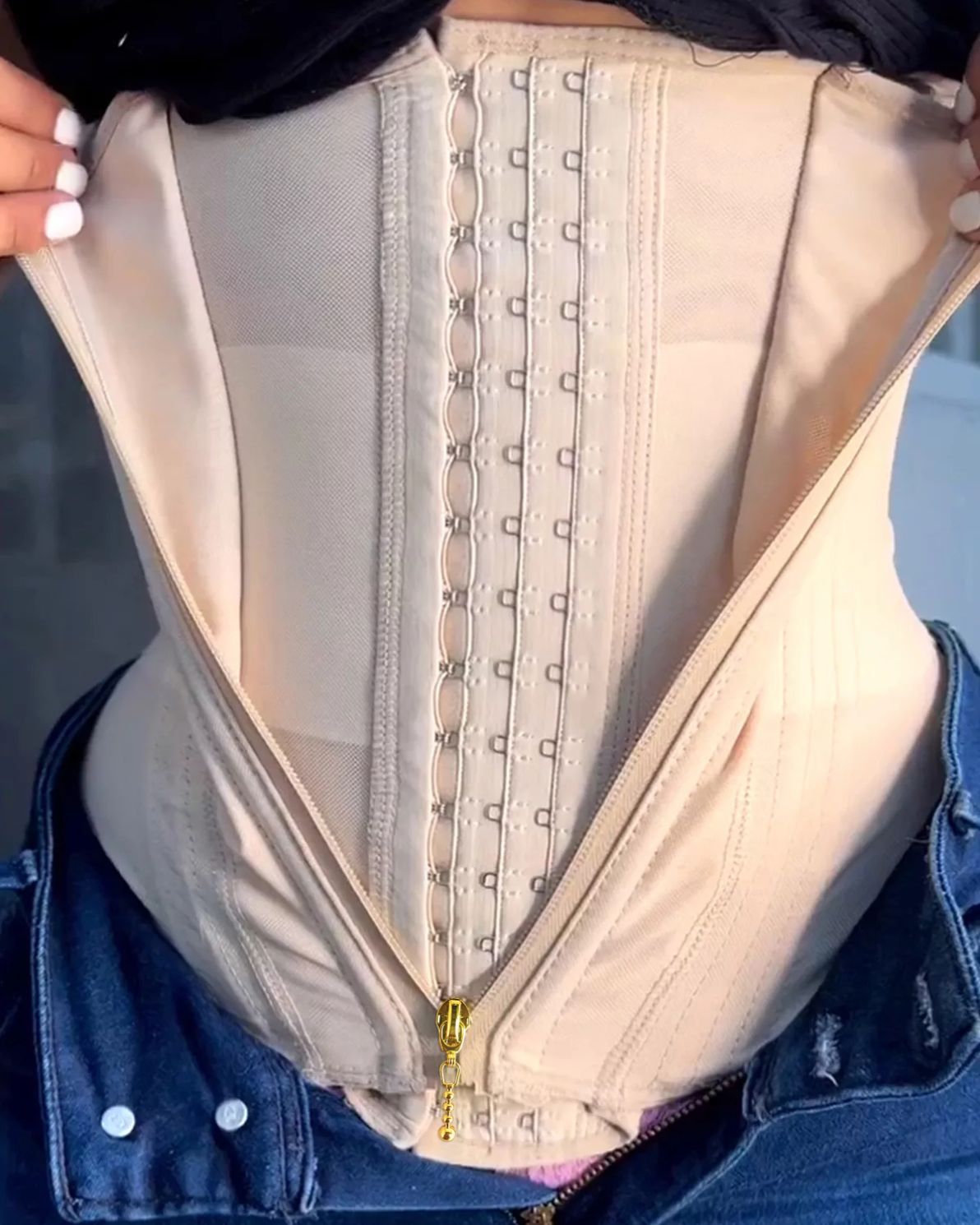 Bellvian beige compression waist trainer corset with tummy flattening support and body sculpting contour fit, inspired by viral waist slimming shapewear trends and designed for postpartum shaping and hourglass waist definition in the UK