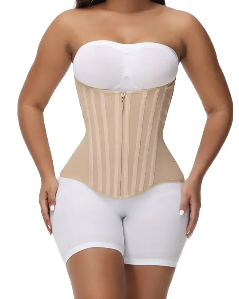 Front view of beige waist trainer corset with vertical boning, strapless slimming shapewear for waist reduction and body contouring UK