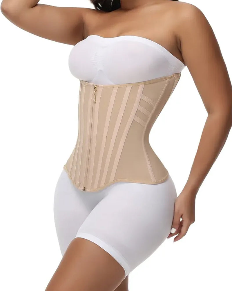 Beige corset waist trainer with slimming compression, strapless shapewear for sculpted waist and smooth body silhouette UK