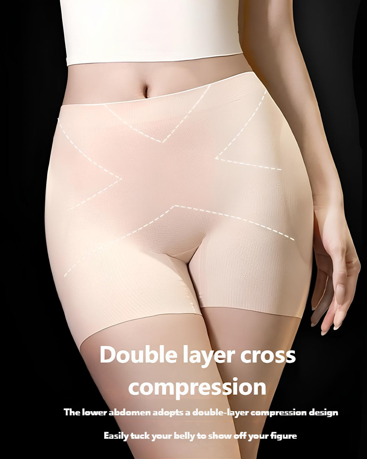 Bellvian beige cross compression tummy control shorts with seamless waist slimming support and sculpting body contour fit, designed for stomach flattening, postpartum shaping and smooth hourglass enhancement in the UK