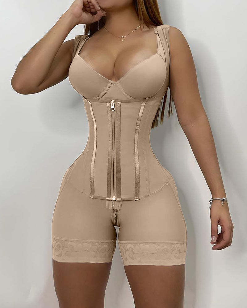 Beige full body shapewear with built-in waist trainer, high compression tummy control garment for postpartum recovery, flat stomach effect and body contouring UK