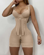 Beige full body shapewear with built-in waist trainer, high compression tummy control garment for postpartum recovery, flat stomach effect and body contouring UK