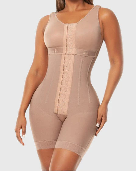 Beige full body shapewear bodysuit with front zipper closure and high compression fabric, tummy control shapewear for postpartum support, waist slimming and smooth silhouette UK