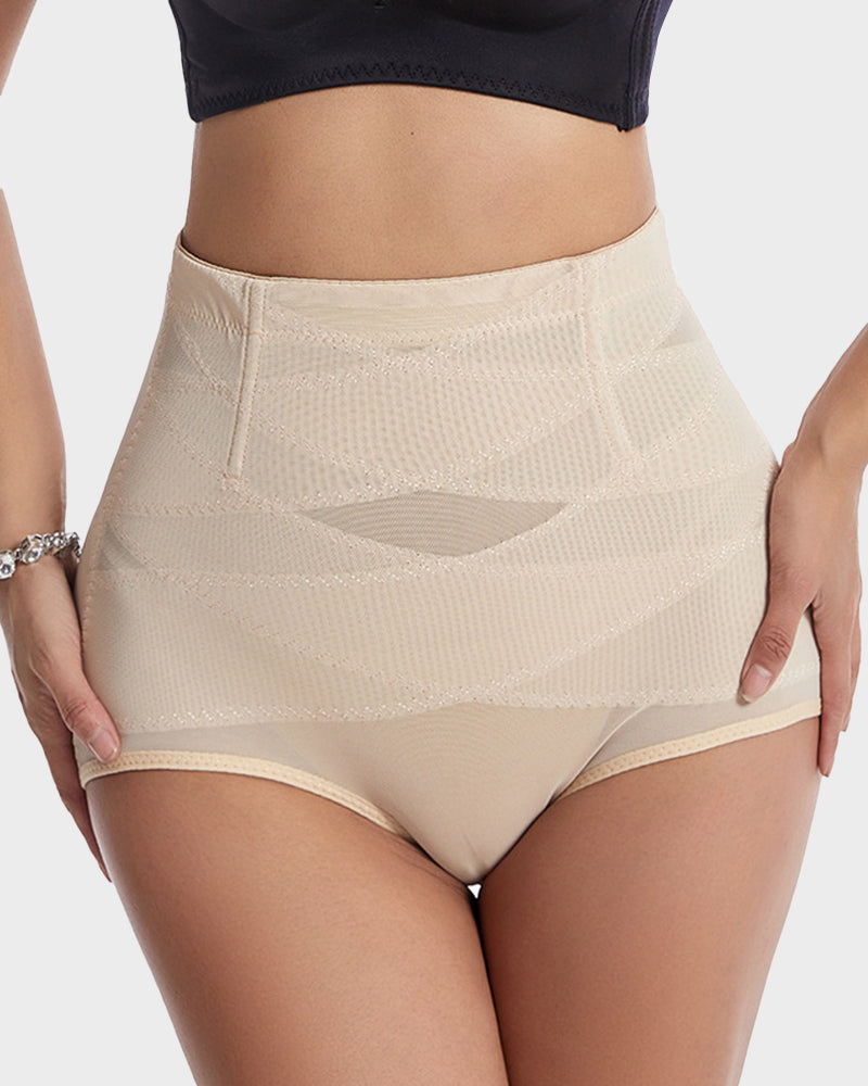 Bellvian beige high waist body shaper briefs with tummy flattening compression and seamless contour sculpting support, designed for waist slimming, postpartum shaping and smooth invisible body enhancement in the UK
