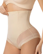 Bellvian beige seamless high waist tummy control shapewear panties with breathable compression fabric that smooths the waist, flattens the stomach, lifts the hips and creates a natural hourglass silhouette under dresses, skirts, jeans and everyday clothing.