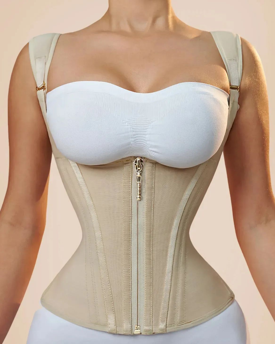 Bellvian beige hourglass corset waist trainer with tummy flattening compression and body sculpting contour support, designed for postpartum slimming, waist reduction and invisible shaping under clothing in the UK