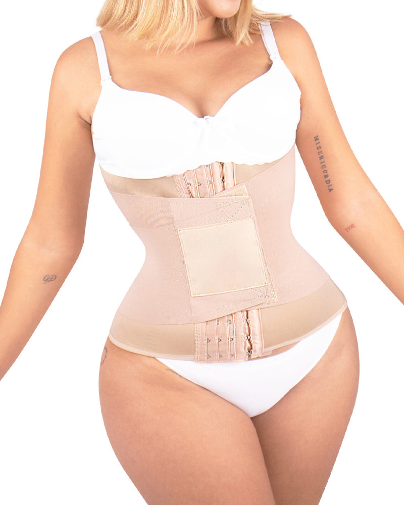 Bellvian beige hourglass sweat waist cincher with seamless tummy compression and thermal shaping support, designed for waist slimming, postpartum recovery, fat burning workouts and invisible sculpting under dresses in the UK