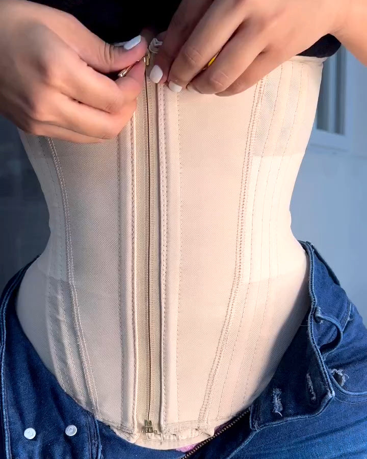 Bellvian beige hourglass waist cincher with seamless tummy compression and sculpting corset support, designed for waist reduction, postpartum body shaping, stomach flattening and curvy silhouette enhancement in the UK