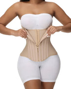 Beige waist trainer corset creating hourglass figure, strapless body shaper with firm compression and sculpting fit, women shapewear UK