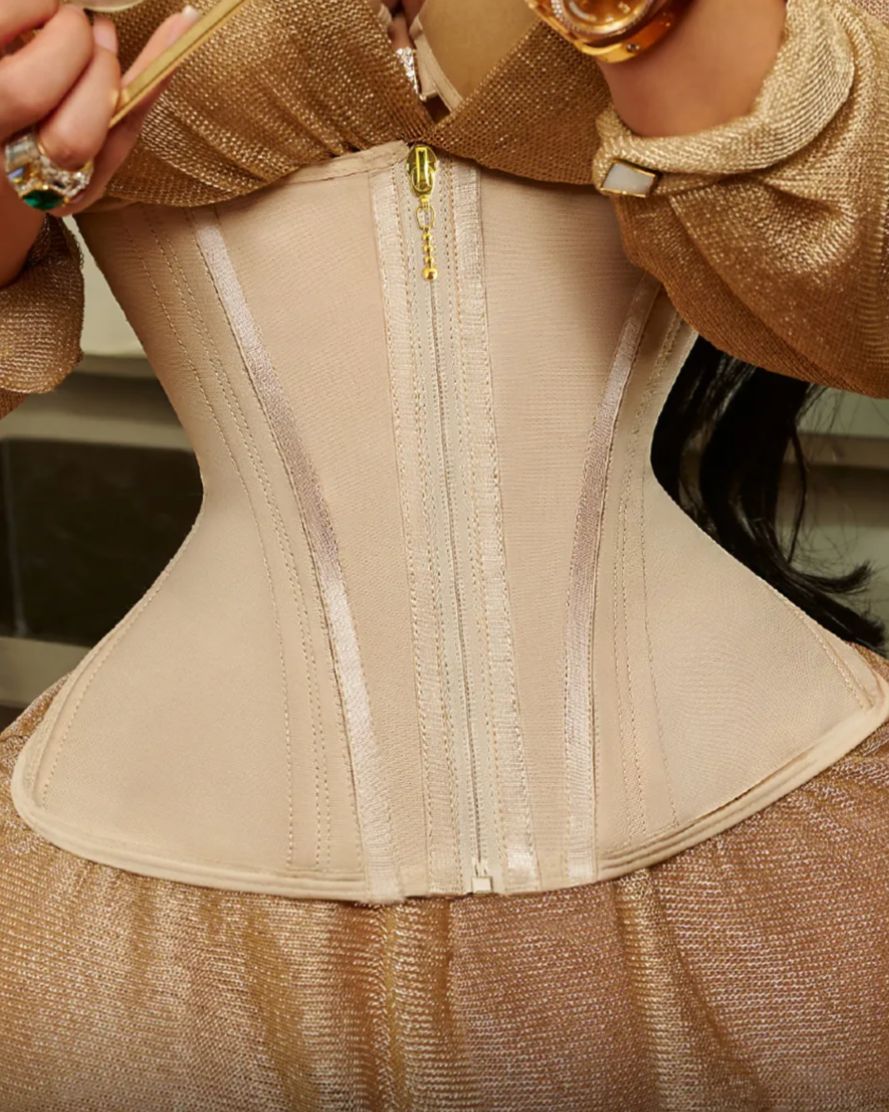 Beige hourglass waist trainer corset with flat stomach effect, high compression tummy control corset for slimming waist and sculpting curves, women body shaper UK
