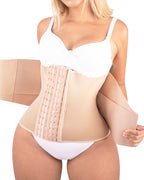 Bellvian beige postpartum waist trainer with tummy compression and thermal sweat shaping support, designed for stomach flattening, waist slimming, body sculpting and invisible support under everyday outfits for women in the UK