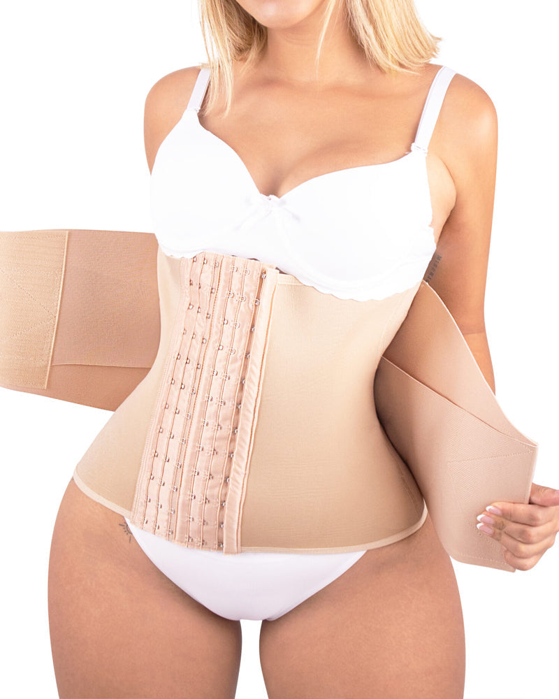 Bellvian beige postpartum waist trainer with tummy compression and thermal sweat shaping support, designed for stomach flattening, waist slimming, body sculpting and invisible support under everyday outfits for women in the UK