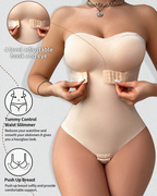 Bellvian beige seamless body shaper with strapless tummy compression and sculpting waist slimming support, inspired by luxury shapewear trends and designed for stomach flattening, posture support and invisible shaping under wedding dresses in the UK