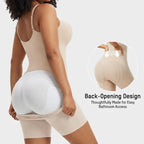 Bellvian beige seamless bodysuit shapewear with bathroom access opening and sculpting tummy control compression, designed for postpartum recovery, waist slimming, butt enhancement and invisible shaping under fitted dresses for women in the UK
