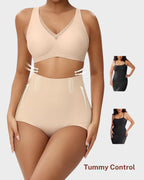 Bellvian beige seamless tummy control briefs with high waist body sculpting compression and invisible contour support, designed for stomach flattening, waist slimming and smooth silhouette shaping in the UK