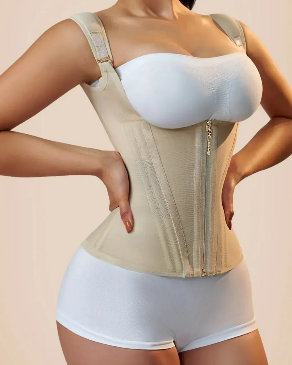Bellvian beige side slimming postpartum corset with sculpting tummy support and hourglass waist shaping compression, designed for stomach flattening, body contour sculpting and seamless curvy silhouette enhancement in the UK