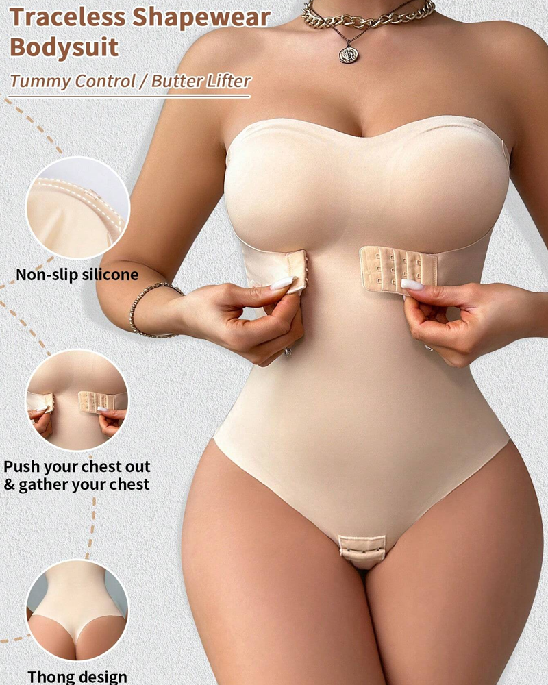 Bellvian beige strapless body shaper with seamless tummy control and sculpting waist compression support, inspired by viral shapewear trends and designed for postpartum slimming, wedding dresses, invisible smoothing and hourglass shaping in the UK