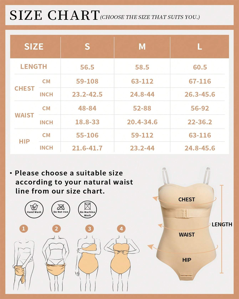 Bellvian beige strapless shapewear bodysuit size chart showing tummy control body shaper measurements for waist slimming, postpartum shaping, seamless compression support and hourglass fit guidance for women in the UK