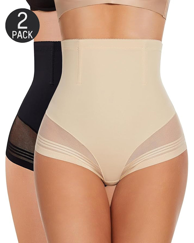 Bellvian beige two pack high waist tummy control shapewear panties offering breathable everyday compression, waist smoothing support and seamless invisible shaping for comfortable daily wear and special occasions.