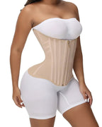 Angled view of beige waist trainer corset with structured boning and firm compression, shaping garment for waist slimming UK
