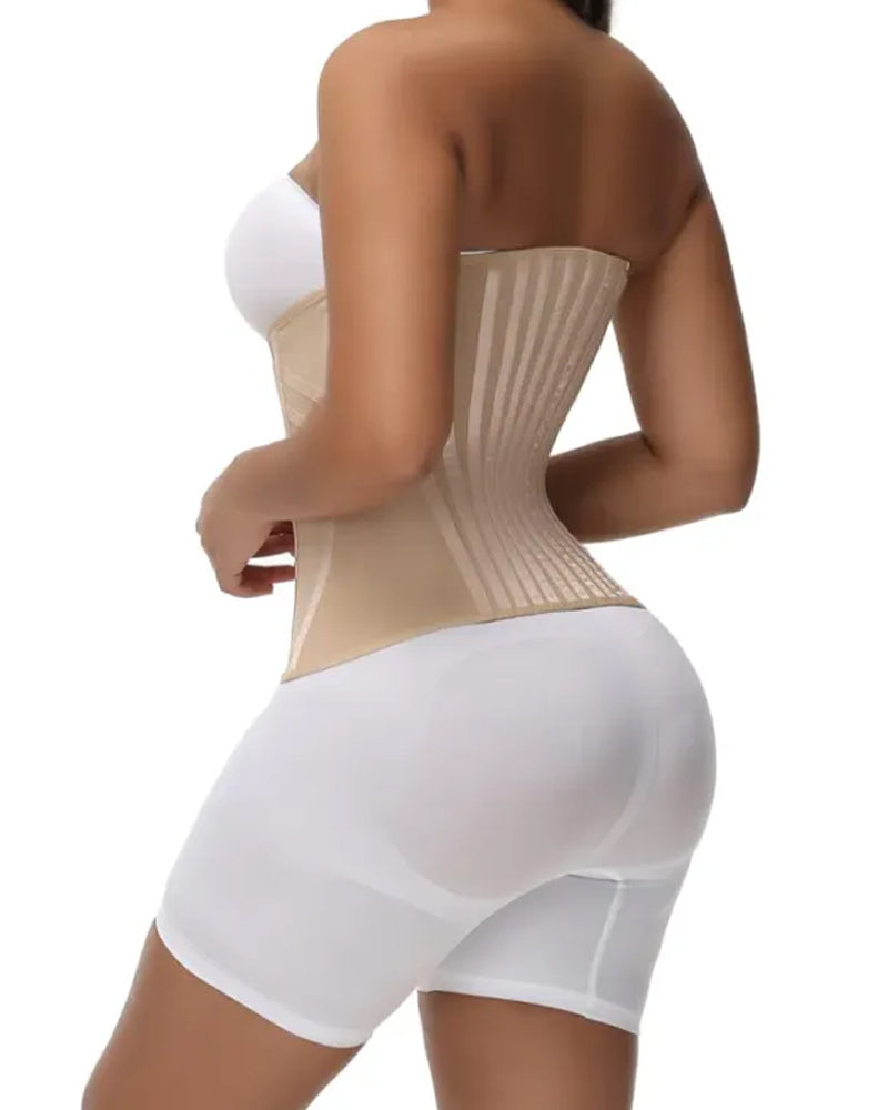 Back view of beige waist trainer corset with seamless design and firm compression, body shaping garment for smooth silhouette UK