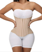Beige waist trainer corset with body contouring fit, strapless shapewear enhancing curves and slimming waistline for women UK