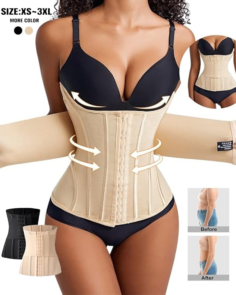 Beige waist trainer corset with strong compression zones for tummy control, flat stomach appearance and waist reduction, hourglass body shaping shapewear UK