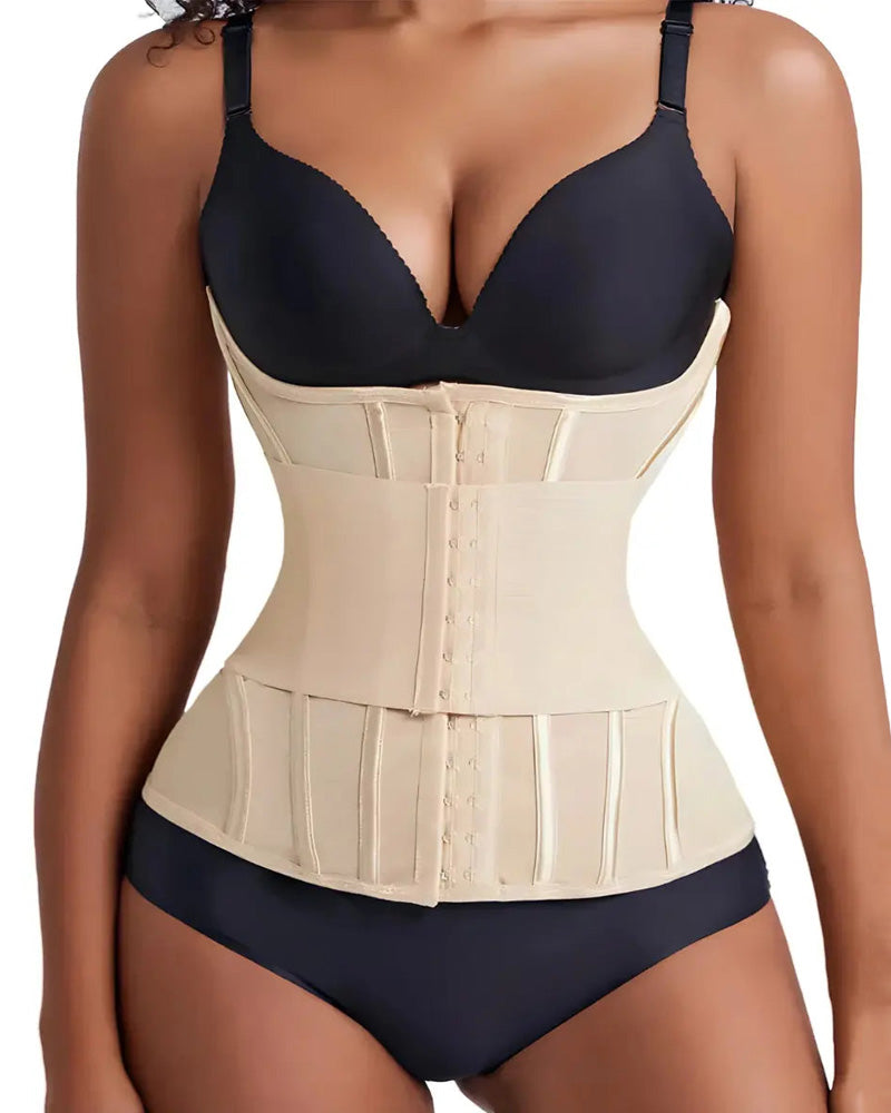 Front view of beige waist trainer corset with steel boning and hook closure, high compression shapewear for tummy control, postpartum support and flat stomach effect, hourglass body shaping for women UK