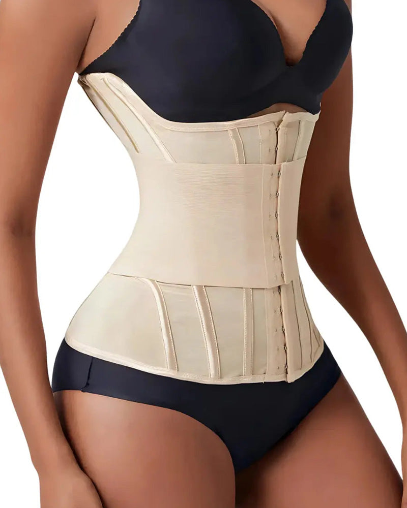 Side view of beige waist trainer corset showing waist slimming effect and hourglass shaping, high compression shapewear for tummy control and postpartum body contouring UK