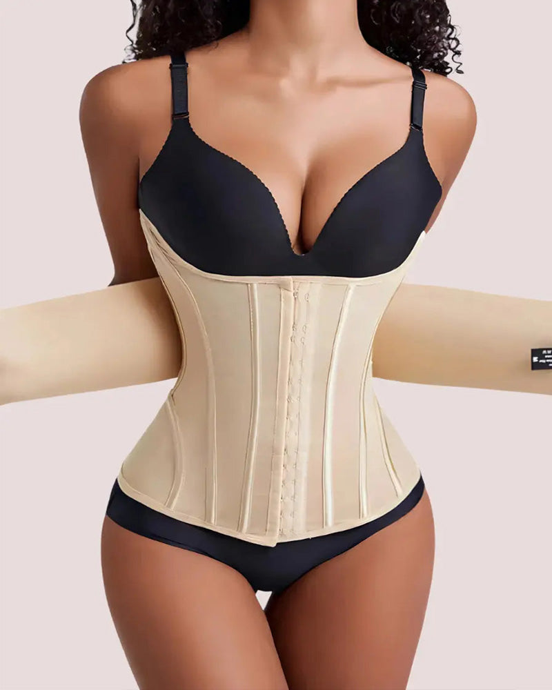 Beige waist trainer corset with steel boning and high compression fabric, tummy control body shaper for postpartum support, flat stomach effect and waist slimming, hourglass shaping shapewear for women UK