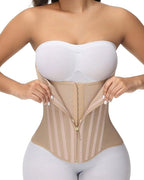 Beige waist trainer corset with front zipper partially open, compression shapewear for tummy control and waist slimming, seamless fit UK
