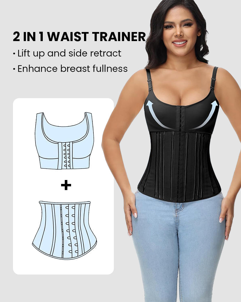 Bellvian black 2 in 1 waist trainer corset with tummy compression and sculpting steel bone support, designed for waist reduction, breast support, postpartum body shaping and seamless hourglass contour slimming in the UK