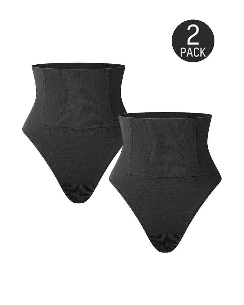Bellvian black 2 pack high waist thong shapewear with seamless tummy compression and sculpting waist support, designed for invisible slimming, body contour smoothing and comfortable everyday shapewear wear in the UK