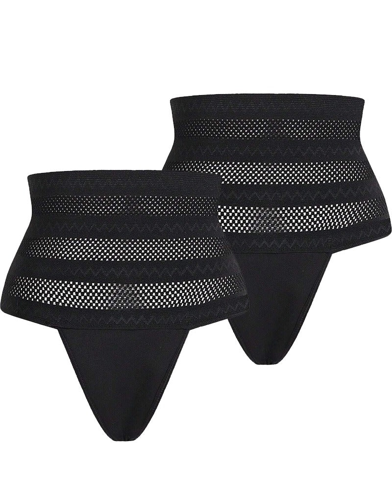 Bellvian black 2 pack seamless high waist thong shapewear with tummy control compression and invisible slimming support designed to flatten lower belly and sculpt waist curves under dresses and jeans, popular in UK searches for control thongs and body shaping underwear