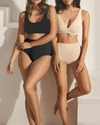 Bellvian black and beige high waist shapewear collection with tummy control compression and seamless contour sculpting support, designed for waist slimming, invisible shaping and smooth hourglass enhancement in the UK