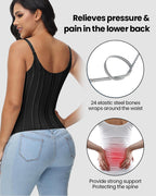 Bellvian black back support waist trainer corset with steel bone compression and posture support design, created for lower back support, postpartum waist slimming, stomach flattening and hourglass body shaping in the UK