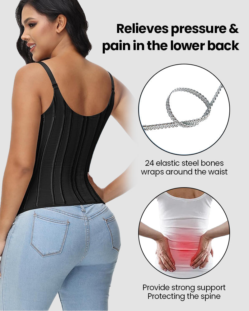 Bellvian black back support waist trainer corset with steel bone compression and posture support design, created for lower back support, postpartum waist slimming, stomach flattening and hourglass body shaping in the UK