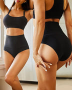 Bellvian black butt lifting high waist shapewear panties from back view featuring seamless tummy control compression and curve sculpting support designed to smooth waistline and enhance natural body shape