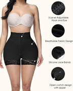 Bellvian black high waist butt lifting shapewear shorts with tummy control compression, lace thigh support and open crotch zipper design creating a smooth sculpted hourglass silhouette under dresses, jeans and tight outfits for women searching slimming body shaper shorts in the UK