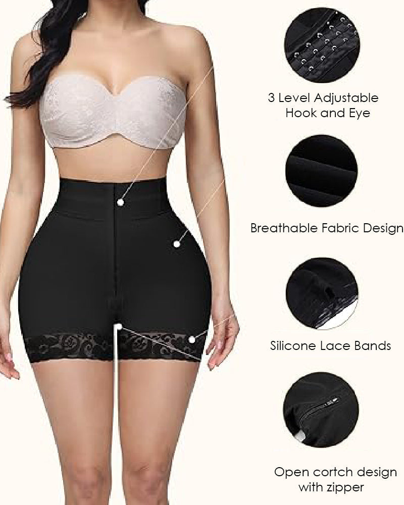 Bellvian black high waist butt lifting shapewear shorts with tummy control compression, lace thigh support and open crotch zipper design creating a smooth sculpted hourglass silhouette under dresses, jeans and tight outfits for women searching slimming body shaper shorts in the UK