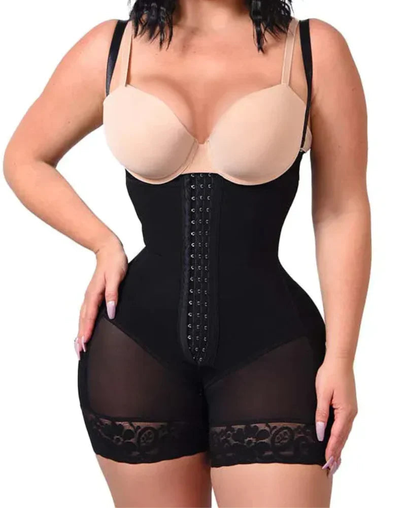 Bellvian black compression shapewear bodysuit with tummy flattening support and sculpting waist trainer fit, designed for postpartum slimming, butt lifting, body contour shaping and seamless support under dresses for women in the UK