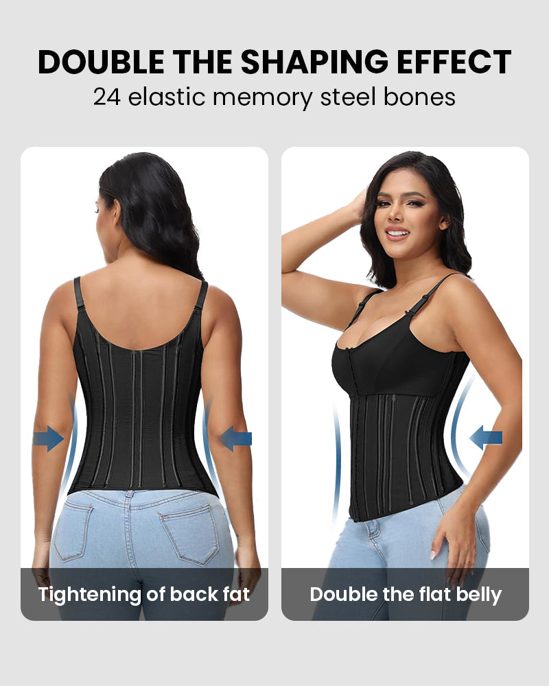 Bellvian black double compression waist cincher with steel bone tummy support and body contour shaping design, inspired by viral waist trainer trends and created for back fat smoothing, flat tummy shaping and hourglass waist slimming in the UK