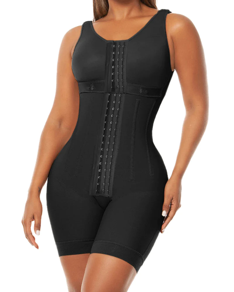 Black full body shapewear bodysuit with strong compression for tummy control and waist slimming, seamless body shaper creating hourglass figure, comfortable stretch fabric UK
