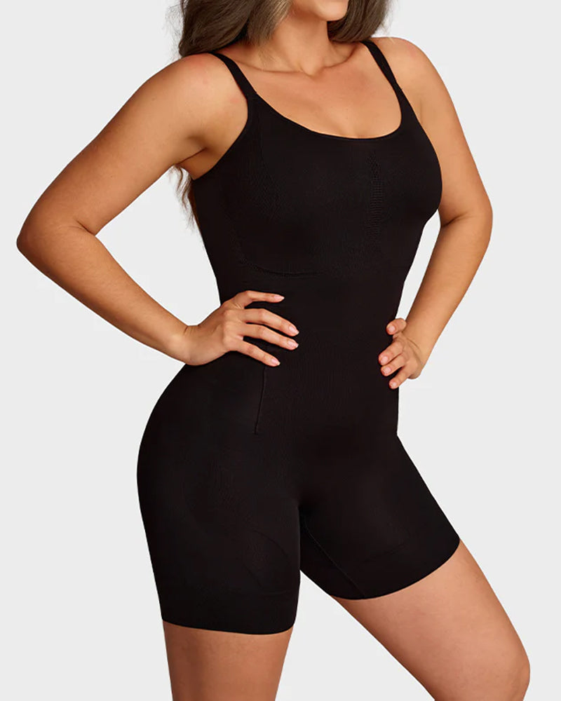 Bellvian black full body shapewear bodysuit featuring tummy flattening compression and waist slimming sculpt fit, designed for postpartum shaping, body contour smoothing, butt lifting and invisible support under bodycon dresses in the UK